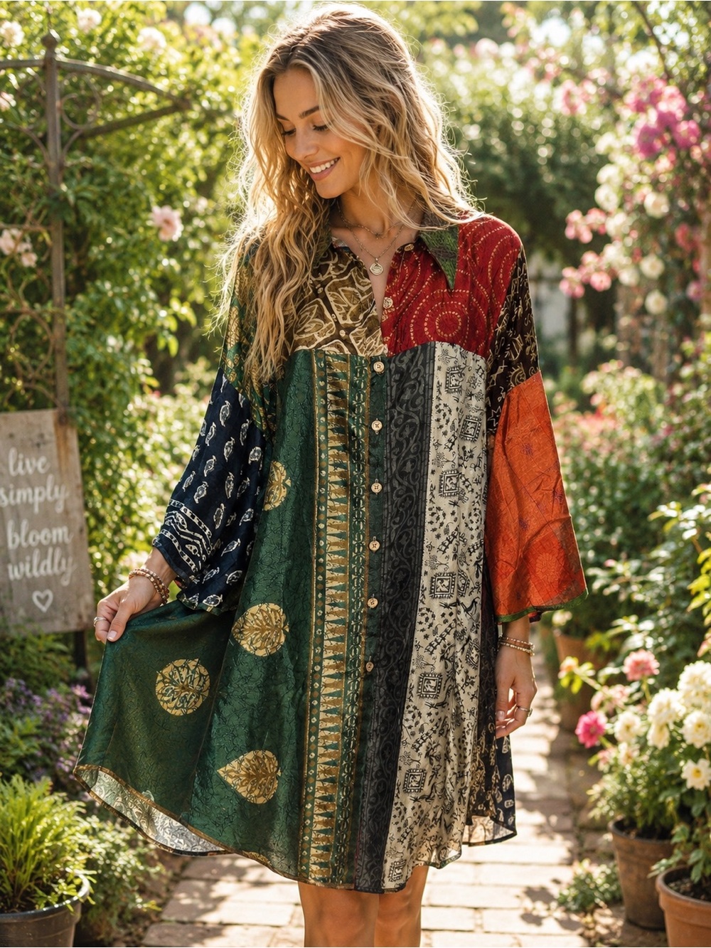 Jaded Gypsy XL Boho Patchwork Button-Front Dress in Multi Green